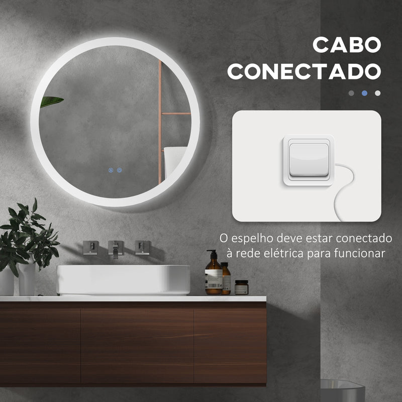 Espelho Casa de Banho Redondo com Luzes LED 70x70 cm Espelho com Iluminação Função Antiembaciamento 3 Luzes Função de Memória e Interruptor Tátil Prata