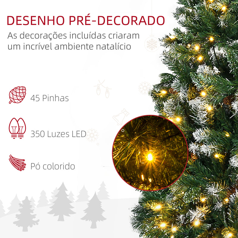 Árvore de Natal Artificial com Luzes LED Altura 230 cm Árvore de Natal Slim com 1051 Ramos 45 Pinhas e Base Dobrável Ø100x230 cm Verde