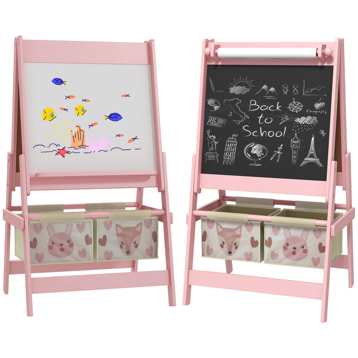 Cavalete para Crianças 3 em 1 Cavalete Infantil de Dupla Face Cavalete de Arte com Rolo de Papel Quadro e 2 Cestas de Armazenamento 54x46,5x93 cm Rosa