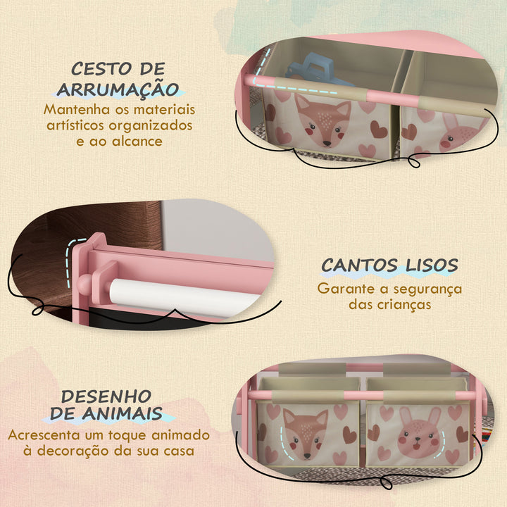Cavalete para Crianças 3 em 1 Cavalete Infantil de Dupla Face Cavalete de Arte com Rolo de Papel Quadro e 2 Cestas de Armazenamento 54x46,5x93 cm Rosa