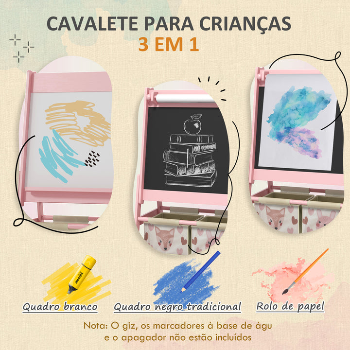 Cavalete para Crianças 3 em 1 Cavalete Infantil de Dupla Face Cavalete de Arte com Rolo de Papel Quadro e 2 Cestas de Armazenamento 54x46,5x93 cm Rosa