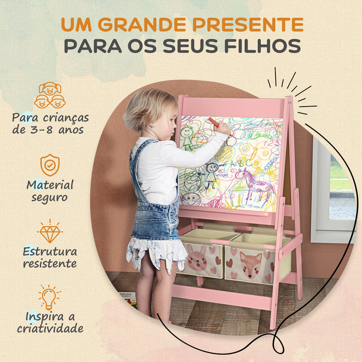 Cavalete para Crianças 3 em 1 Cavalete Infantil de Dupla Face Cavalete de Arte com Rolo de Papel Quadro e 2 Cestas de Armazenamento 54x46,5x93 cm Rosa
