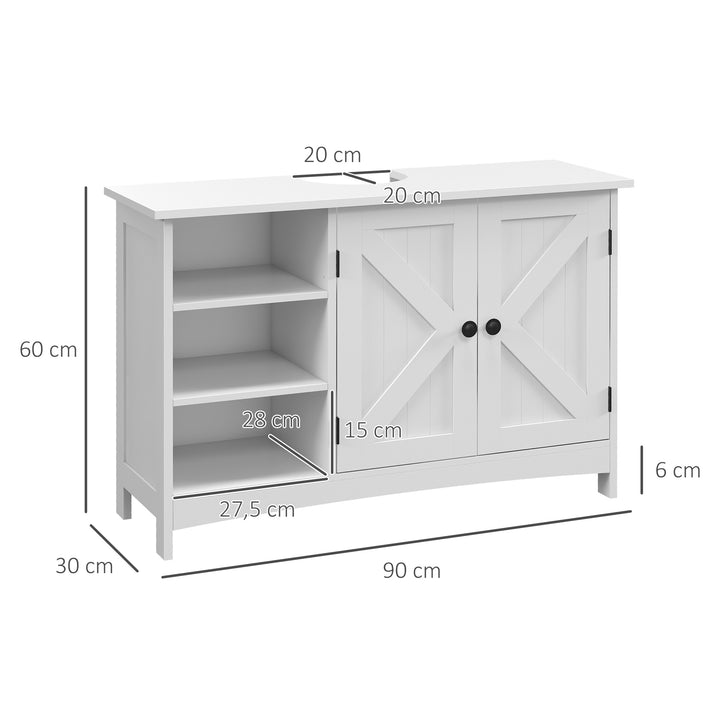 Móvel para Lavatório Pousar de Madeira Móvel para Lavatório com 1 Armário 3 Prateleiras Abertas e Prateleira Ajustável Estilo Moderno Carga Máxima 31 kg 90x30x60 cm Branco