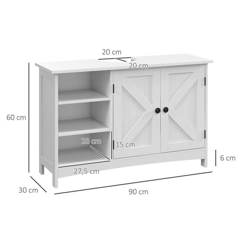 Móvel para Lavatório Pousar de Madeira Móvel para Lavatório com 1 Armário 3 Prateleiras Abertas e Prateleira Ajustável Estilo Moderno Carga Máxima 31 kg 90x30x60 cm Branco