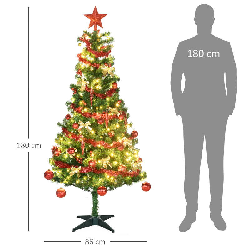 Árvore de Natal Artificial 180 cm com 150 Luzes LED Árvore de Natal com 480 Ramos com 100 Decorações Suporte de Aço para Interior Ø86x180 cm Verde