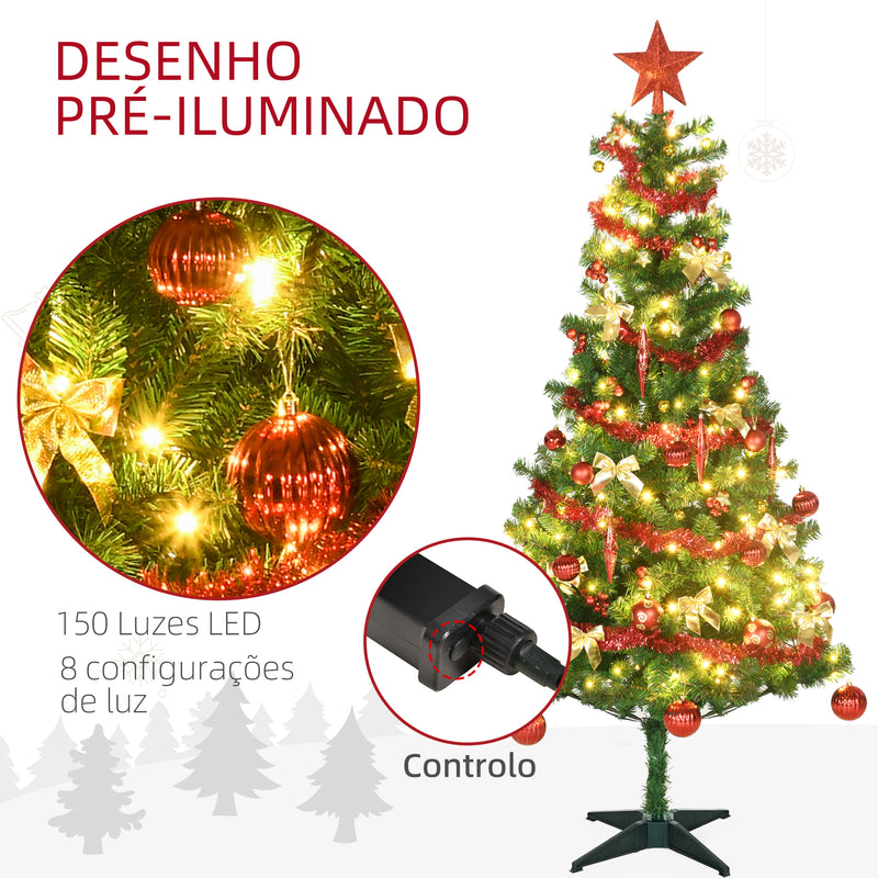 Árvore de Natal Artificial 180 cm com 150 Luzes LED Árvore de Natal com 480 Ramos com 100 Decorações Suporte de Aço para Interior Ø86x180 cm Verde