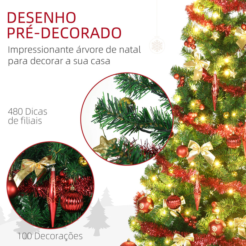 Árvore de Natal Artificial 180 cm com 150 Luzes LED Árvore de Natal com 480 Ramos com 100 Decorações Suporte de Aço para Interior Ø86x180 cm Verde