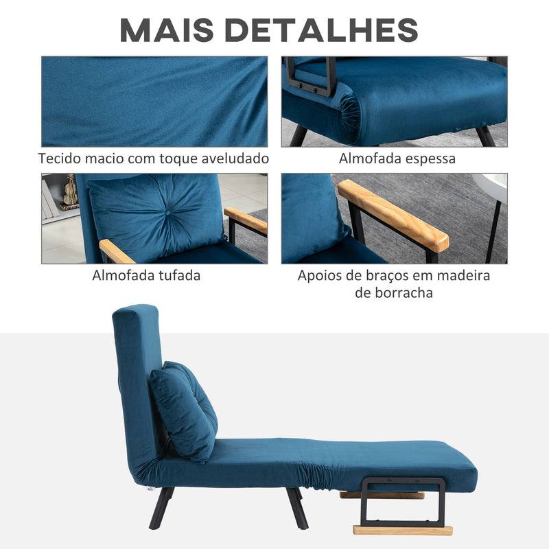 Poltrona Convertível em Cama Dobrável Poltrona 3 em 1 Convertível em Cama com Encosto Ajustável em 5 Níveis e Almofada Acolchoada para Escritório Sala de Estar Carga 120 kg 63x73x81 cm Azul