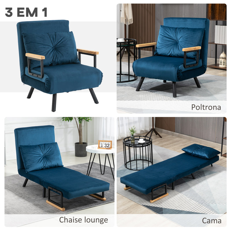 Poltrona Convertível em Cama Dobrável Poltrona 3 em 1 Convertível em Cama com Encosto Ajustável em 5 Níveis e Almofada Acolchoada para Escritório Sala de Estar Carga 120 kg 63x73x81 cm Azul