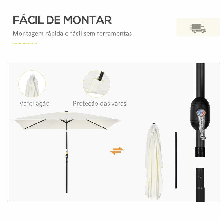 Chapéu de Sol de Alumínio 195x295x240 cm Chapéu de Sol Retangular de Jardim Inclinável com Manivela e Mastro Desmontável para Terraço Piscina Pátio Exterior Creme