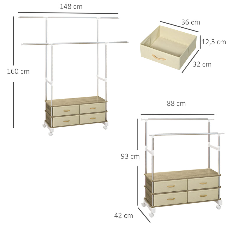 Charriot de Roupa com Rodas Charriot com Altura Ajustável Barras Extensíveis e 4 Gavetas de Tecido para Sala de Estar Dormitório Entrada 88-148x42x93-160 cm Bege