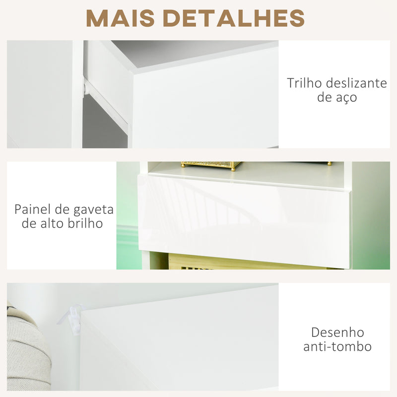 Mesa de Cabeceira Moderna com Luz LED Mesa de Cabeceira com Controlo Remoto Gaveta de Alto Brilho e 2 Prateleiras para Sala de Estar Dormitório 40x40x55 cm Branco