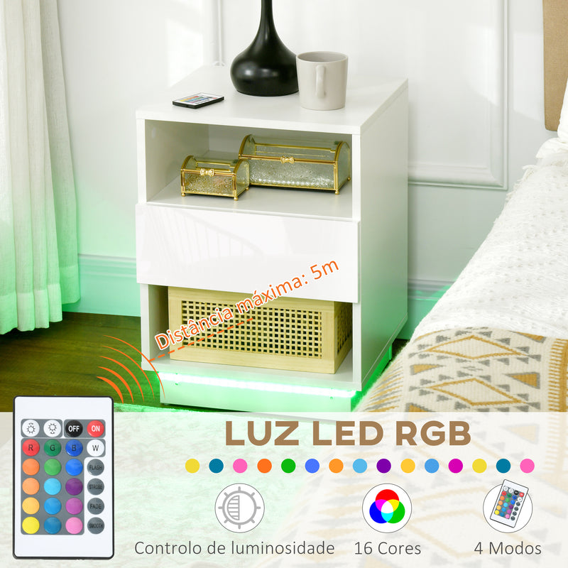 Mesa de Cabeceira Moderna com Luz LED Mesa de Cabeceira com Controlo Remoto Gaveta de Alto Brilho e 2 Prateleiras para Sala de Estar Dormitório 40x40x55 cm Branco