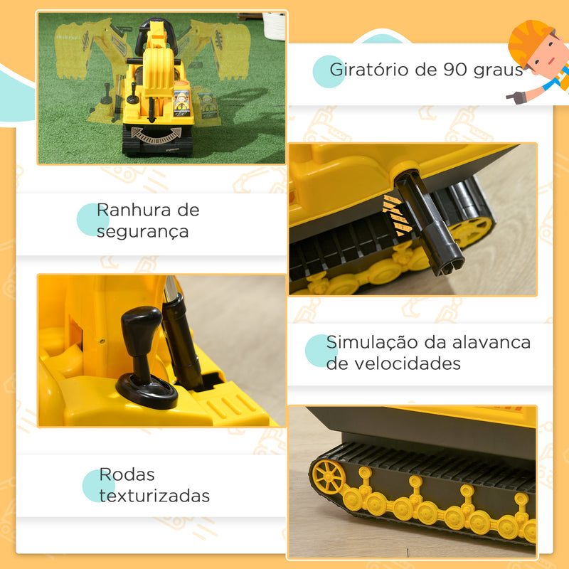 Escavadora sem Pedais com Braço Móvil Carro Andador com Assento de Armazenamento Pá Dianteira e Buzina Carga Máxima 30 kg 78x24x58,5 cm Amarelo