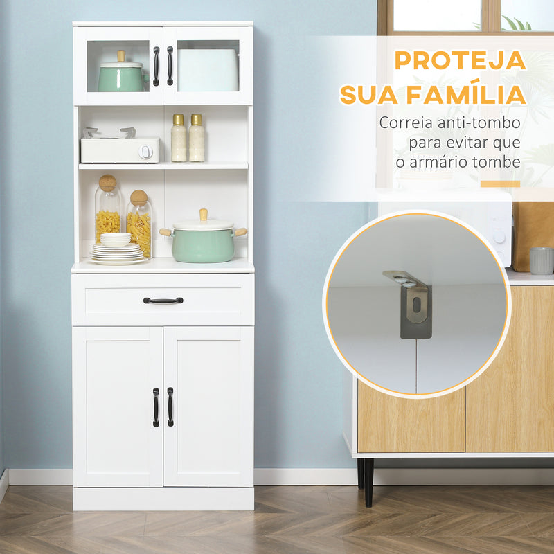 Armário de Cozinha Móvel de Cozinha com 4 Portas Gaveta e Prateleiras Ajustáveis para Sala de Jantar Estilo Moderno 60x38x161 cm Branco