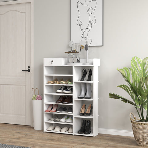 Sapateira de Madeira Móvel para Sapatos com 11 Prateleiras Abertas para 18 Pares de Sapatos e Armário com Fechadura para Corredor Entrada 80x27x112 cm Branco