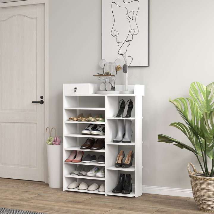 Sapateira de Madeira Móvel para Sapatos com 11 Prateleiras Abertas para 18 Pares de Sapatos e Armário com Fechadura para Corredor Entrada 80x27x112 cm Branco