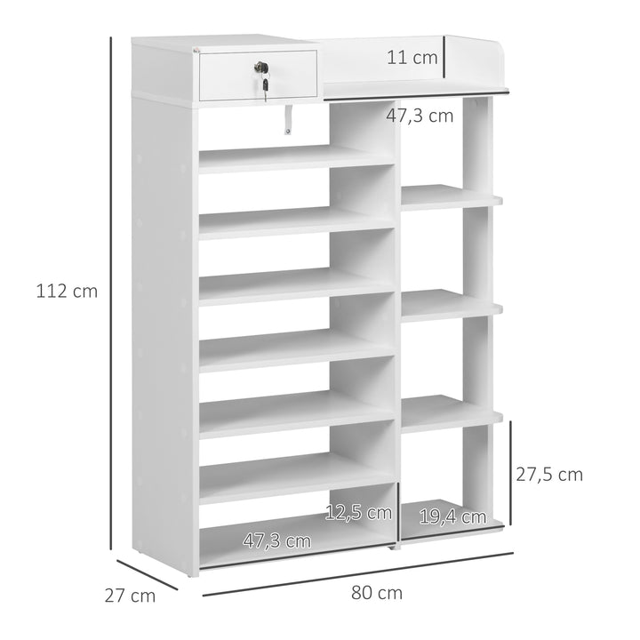 Sapateira de Madeira Móvel para Sapatos com 11 Prateleiras Abertas para 18 Pares de Sapatos e Armário com Fechadura para Corredor Entrada 80x27x112 cm Branco