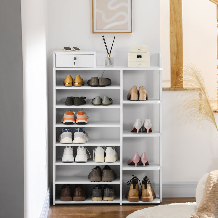 Sapateira de Madeira Móvel para Sapatos com 11 Prateleiras Abertas para 18 Pares de Sapatos e Armário com Fechadura para Corredor Entrada 80x27x112 cm Branco