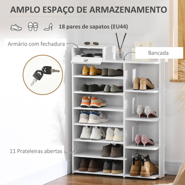 Sapateira de Madeira Móvel para Sapatos com 11 Prateleiras Abertas para 18 Pares de Sapatos e Armário com Fechadura para Corredor Entrada 80x27x112 cm Branco