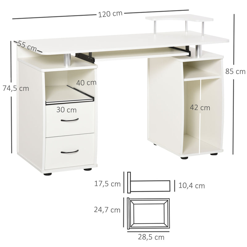 Mesa de Computador Mesa de Escritório com Múltiplas Prateleiras 2 Gavetas Bandeja de Teclado e Suporte para Monitor e CPU 120x55x85 cm Branco