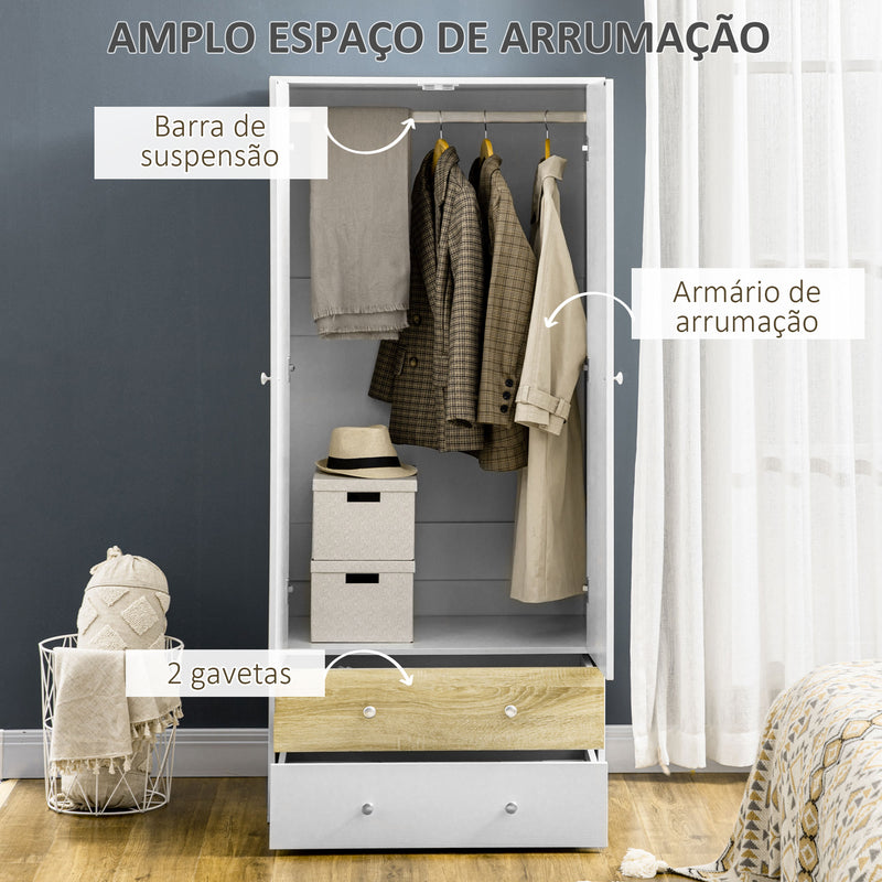 Roupeiro de Madeira Armário para Roupas com 2 Portas 2 Gavetas e 1 Barra para Pendurar Estilo Moderno para Dormitório 80x50x180 cm Branco e Carvalho