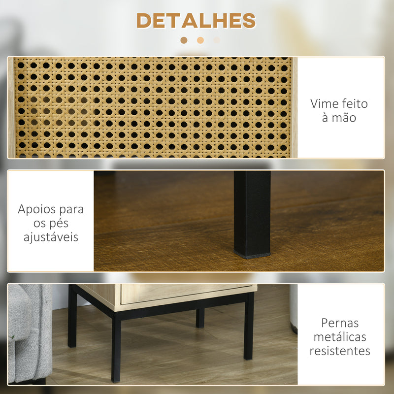 Mesa de Cabeceira com Porta de Vime Mesa de Cabeceira Estilo Cannage com Pés de Metal para Sala de Estar Dormitório 43x30x51 cm Madeira e Preto