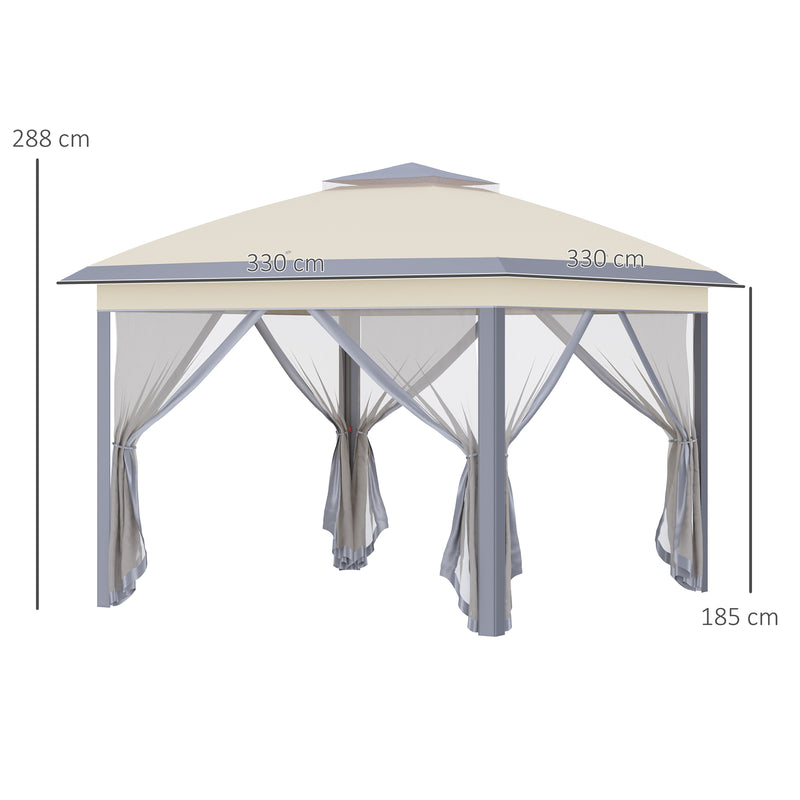 Pérgola Dobrável Exterior 3,3x3,3 m com Altura Ajustável Pérgola de Jardim com Teto Duplo 4 Mosquiteiras Removíveis e Bolsa de Transporte para Acampamento Festas Bege