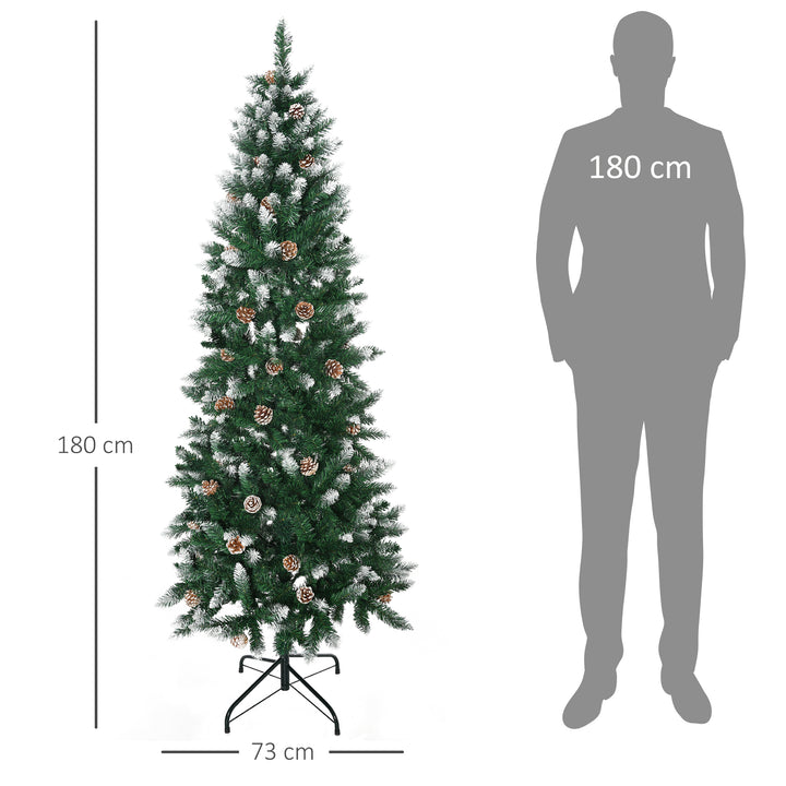 Árvore de Natal Artificial com Neve 180 cm 508 Ramos Realistas 49 Pinhas Base Dobrável e Suporte de Aço para Interior Ø73x180 cm Verde e Branco