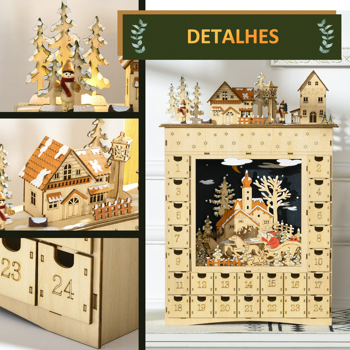 Calendário de Advento com Iluminação LED e 24 Gavetas de Contagem Regressiva Calendário de Advento de Madeira Decoração de Natal 36x9x52 cm Madeira