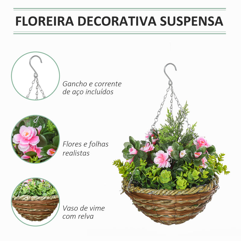 Conjunto de 2 Plantas Lisianthus Suspensas Artificiais para Interior e Exterior com Vaso e Vime e Correia Ø25x34 cm Rosa e Verde