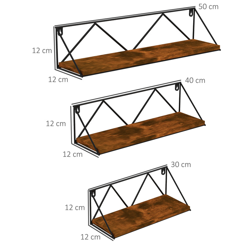 Conjunto de 3 Prateleiras de Parede Industrial Prateleiras Suspensas para Sala de Estar Dormitório Corredor Cozinha 30x12x12 cm 40x12x12 e cm 50x12x12 cm Madeira e Preto