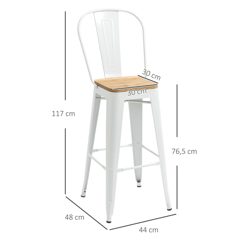 Conjunto de 4 Bancos Altos de Cozinha Empilháveis com Encosto Alto Bancos de Bar com Apoio para os Pés Assento de Madeira e Estrutura de Aço Carga 120 kg 44x53x116 cm Branco