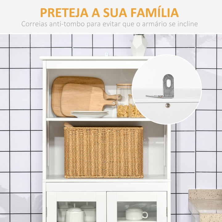 Armário de Cozinha com 2 Portas de Vidro Temperado 2 Prateleiras Abertas e Armário com Prateleira Ajustável para Sala de Estar 60x30x162 cm Branco