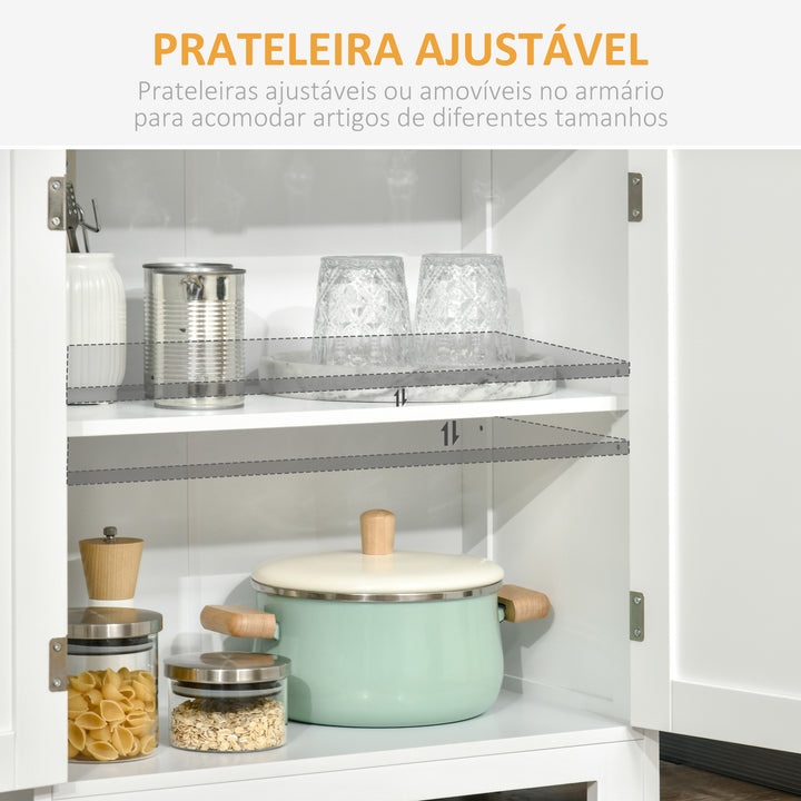 Armário de Cozinha com 2 Portas de Vidro Temperado 2 Prateleiras Abertas e Armário com Prateleira Ajustável para Sala de Estar 60x30x162 cm Branco
