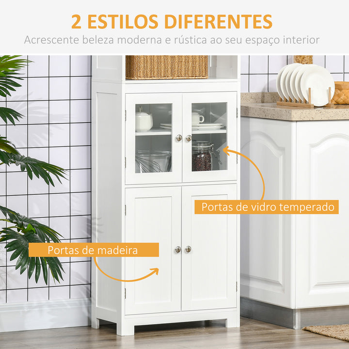 Armário de Cozinha com 2 Portas de Vidro Temperado 2 Prateleiras Abertas e Armário com Prateleira Ajustável para Sala de Estar 60x30x162 cm Branco