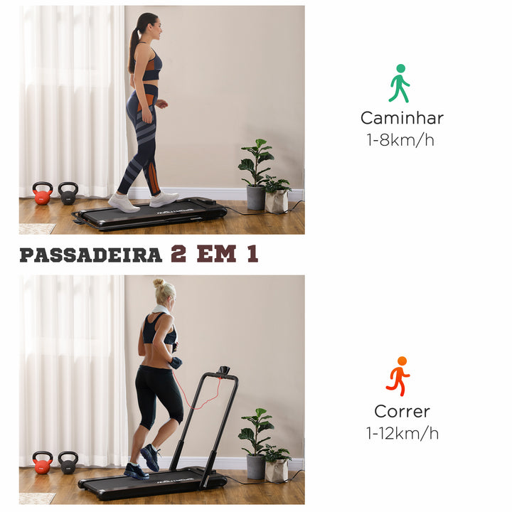 Passadeira Dobrável 2 em 1 Passadeira com Velocidade 12km/h Superfície de Corrida 36x105 cm Controlo Remoto Ecrã LED e Rodas para Ginásio em Casa 135x65x105 cm Preto