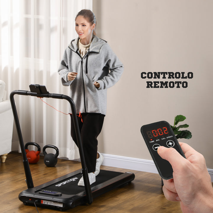 Passadeira Dobrável 2 em 1 Passadeira com Velocidade 12km/h Superfície de Corrida 36x105 cm Controlo Remoto Ecrã LED e Rodas para Ginásio em Casa 135x65x105 cm Preto