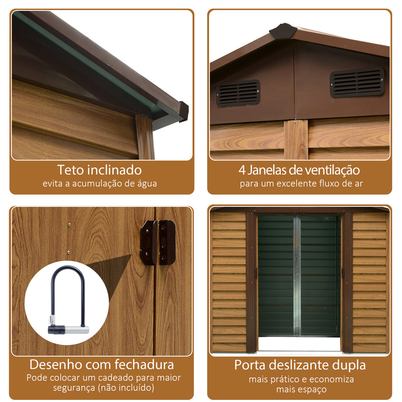 Abrigo de Jardim Exterior 3 m² 152x235,7x208,7 cm Abrigo de Jardim Metálico com 2 Portas de Correr e 4 Janelas de Ventilação para Armazenamento de Ferramentas Madeira e Marrom