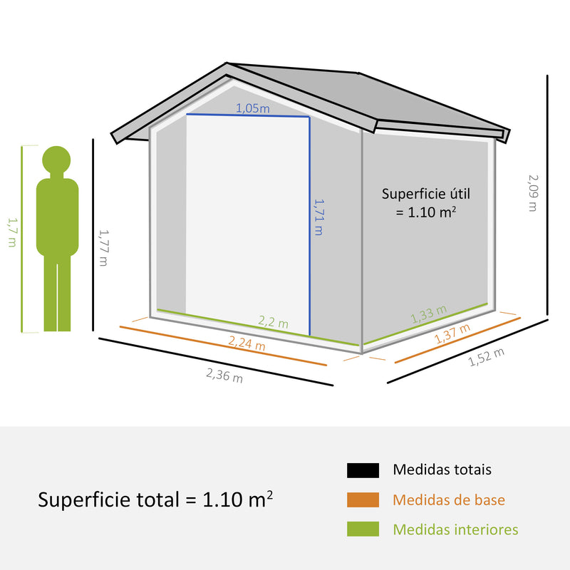 Abrigo de Jardim Exterior 3 m² 152x235,7x208,7 cm Abrigo de Jardim Metálico com 2 Portas de Correr e 4 Janelas de Ventilação para Armazenamento de Ferramentas Madeira e Marrom