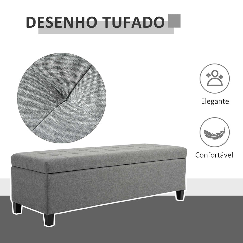 Banco de Armazenamento Acolchoado Banco Estofado em Linho Tampa com Abertura para Sala de Estar Entrada Dormitório Carga Máxima 120 kg 125x49x41,5 cm Cinza