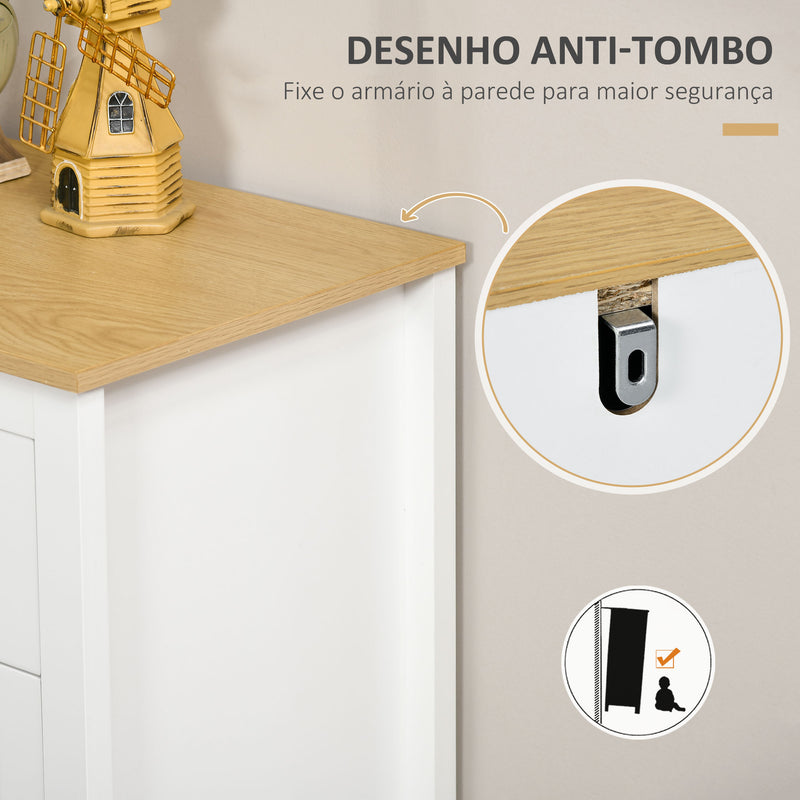 Aparador para Sala de Estar Armário Auxiliar com 2 Portas de Vidro 3 Gavetas e Prateleira Ajustável para Cozinha Sala de Jantar Corredor 120x40x70 cm Branco e Madeira