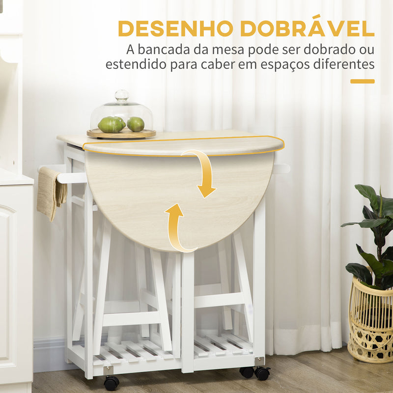 Conjunto de Mesa e 2 Bancos para Cozinha Mesa de Cozinha com Rodas Bancada Dobrável 2 Gavetas Barra para Pendurar e Prateleira de Armazenamento 87x74x86cm Carvalho e Branco