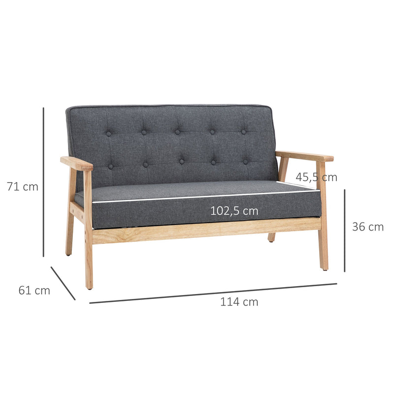 Sofá de 2 Lugares com Encosto e Almofadas Acolchoados Pés de Madeira Antiderrapantes para Sala de estar Dormitório Oficina 114x61x71 cm Cinza