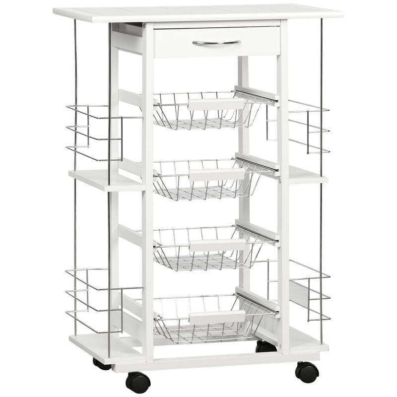 Carrinho de Cozinha com Rodas Carrinho de Cozinha com Bancada Gaveta 4 Cestas de Metal e 4 Suportes para Temperos Laterais para Cozinha 57x37x83cm Branco