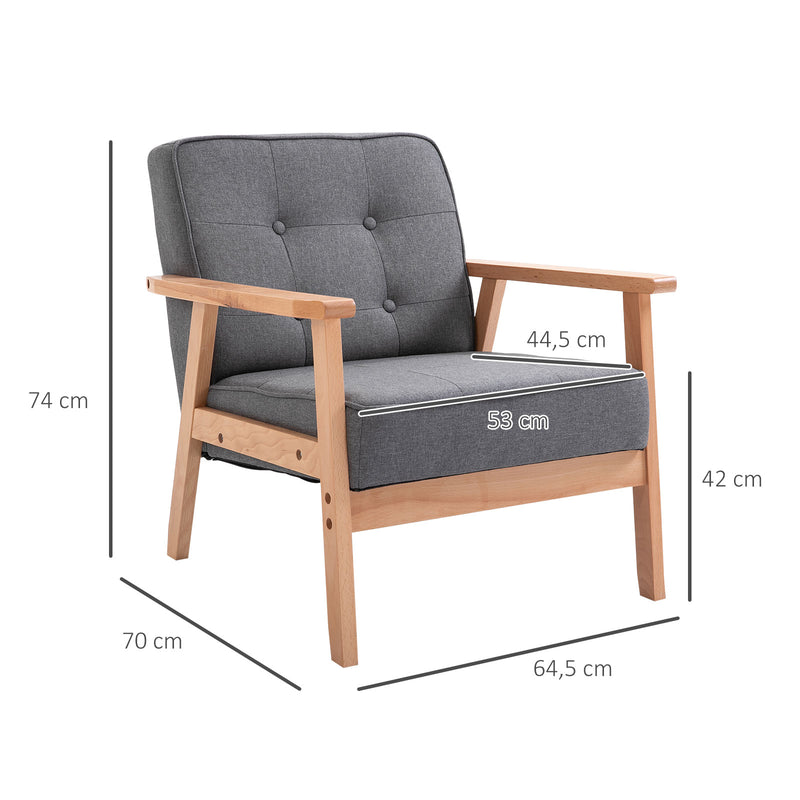 Poltrona de Sala de Estar Poltrona Individual Estofada em Linho com Assento Acolchoado e Estrutura de Madeira para Escritório Dormitório Carga 200kg 70x64,5x74cm Cinza e Madeira