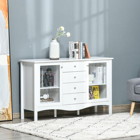 Aparador de Cozinha Armário Buffet com 2 Armários Porta de Vidro Prateleira Interior Ajustável e 4 Gavetas para Sala de Jantar Sala de Estar 136x45x85cm Branco