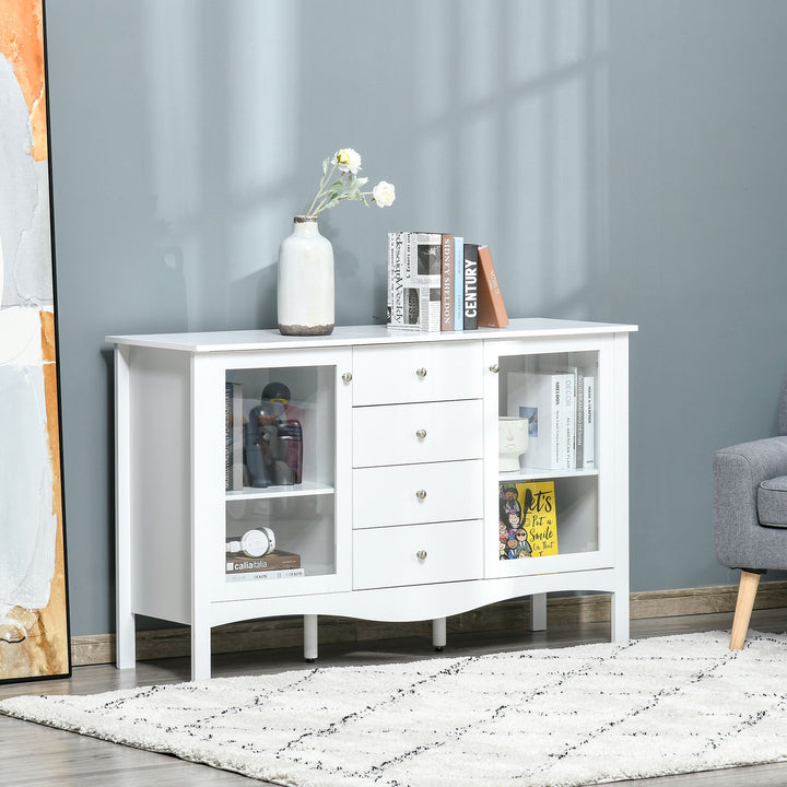 Aparador de Cozinha Armário Buffet com 2 Armários Porta de Vidro Prateleira Interior Ajustável e 4 Gavetas para Sala de Jantar Sala de Estar 136x45x85cm Branco
