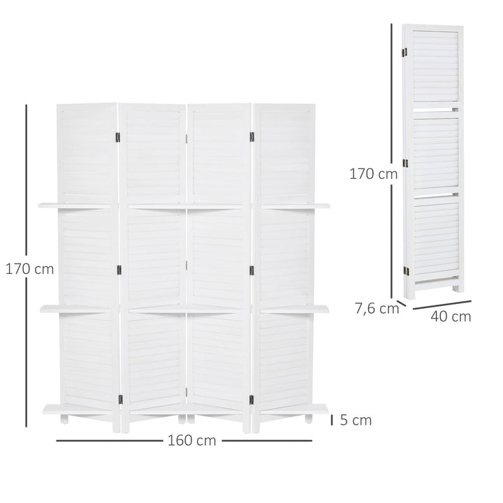 Biombo de 4 Painéis de Madeira Separador de Ambiente Dobrável com 3 Prateleiras Removíveis Desenho Persiana para Dormitório Escritório 160x170cm Branco
