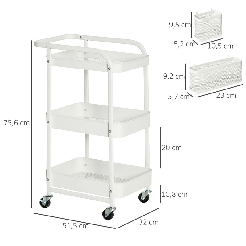 Carrinho de Cozinha com Rodas Carrinho de Armazenamento de 3 Níveis com 4 Ganchos 2 Cestas Alça de Transporte e Rodas com Freio para Casa de Banho Escritório Dormitório 51,5x32x75,6cm Branco